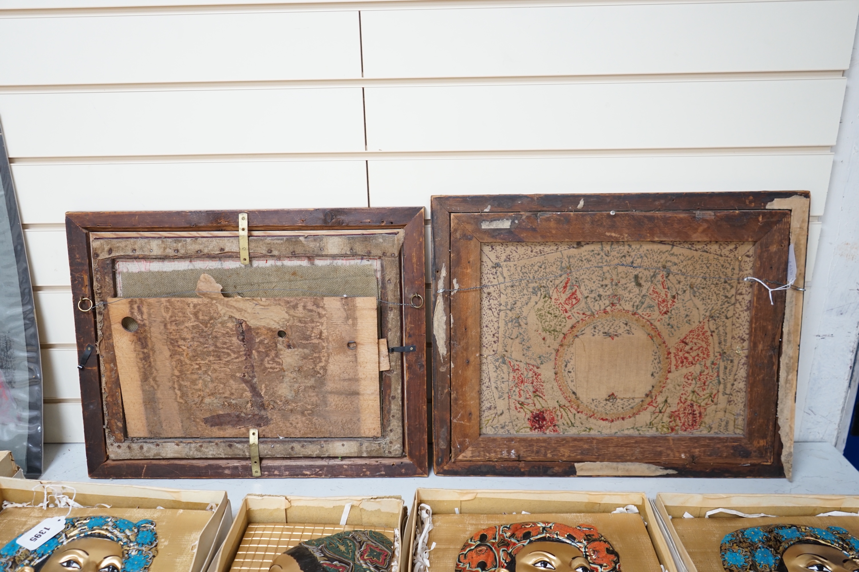 Two early 20th century woolwork panels housing black and white photographs to include soldiers in military dress, maple framed, 42 x 52cm. Condition - fair